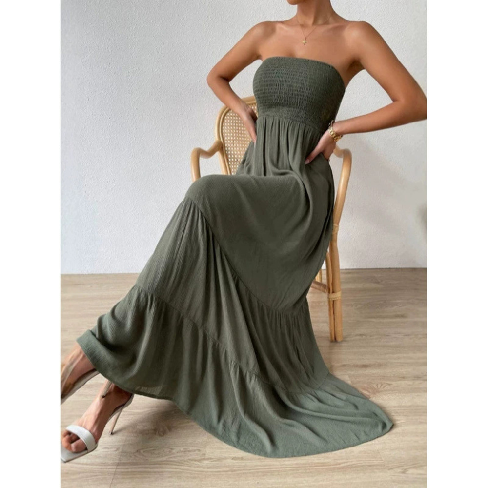 Zara Military Green Off Shoulder Maxi Dress Ruched High Waist A-Line Beach